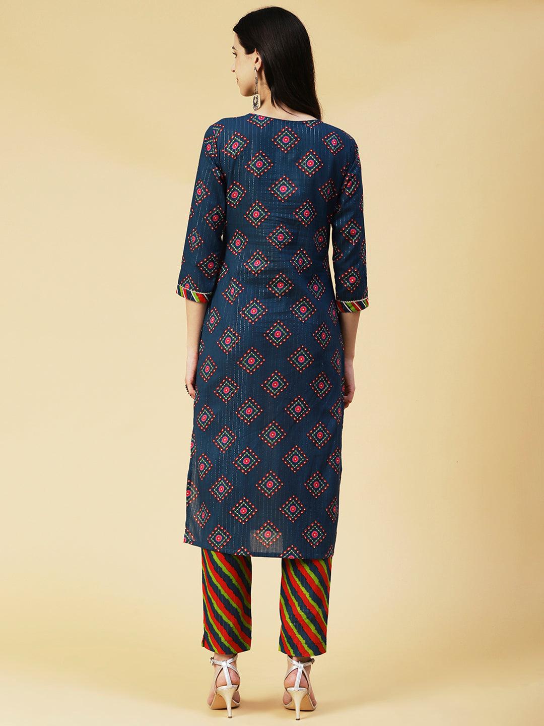 Bandhani Printed Mirror Embroidered Kurta With Lehriya Pants - Blue - Indiakreations