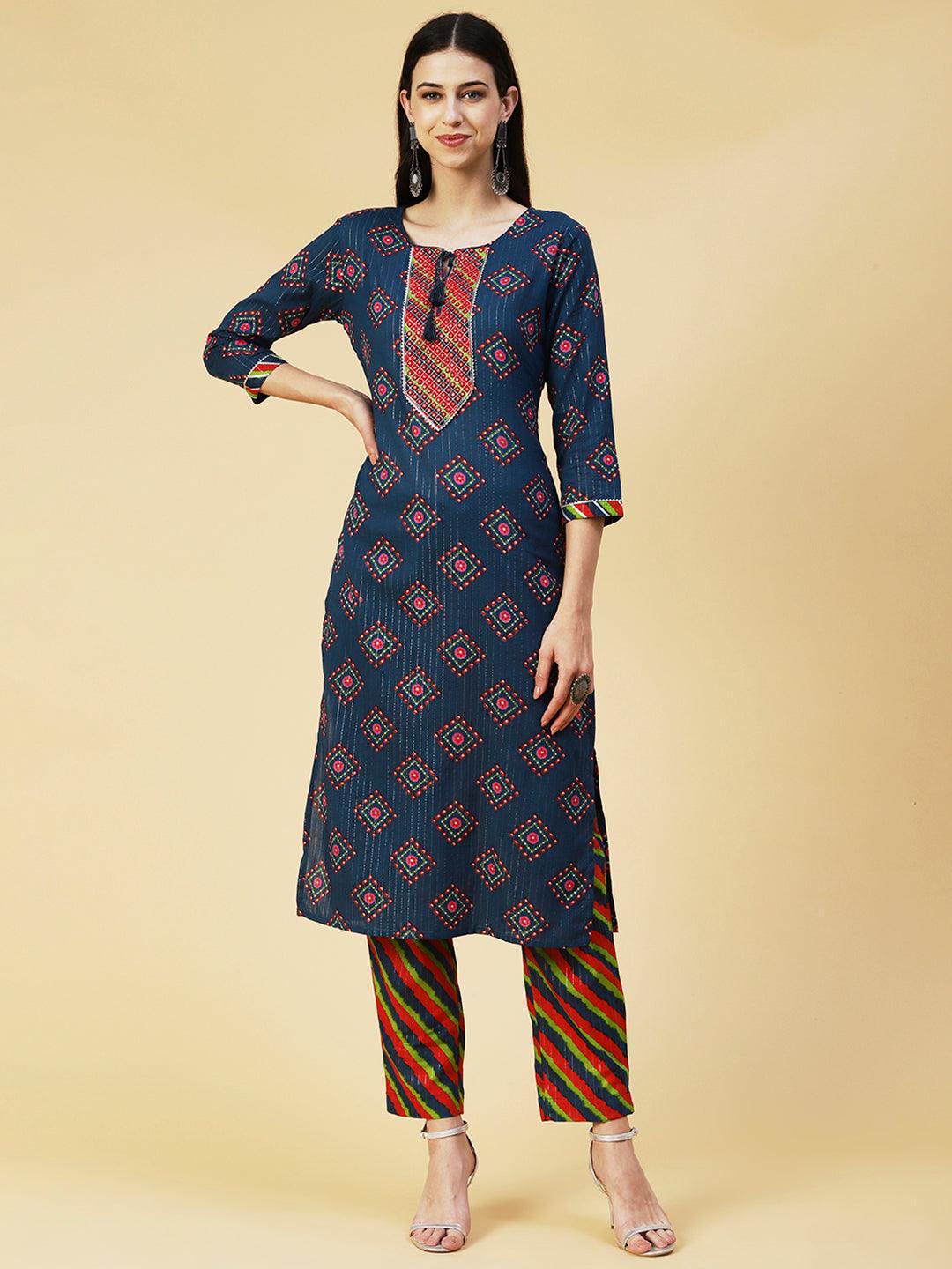 Bandhani Printed Mirror Embroidered Kurta With Lehriya Pants - Blue - Indiakreations