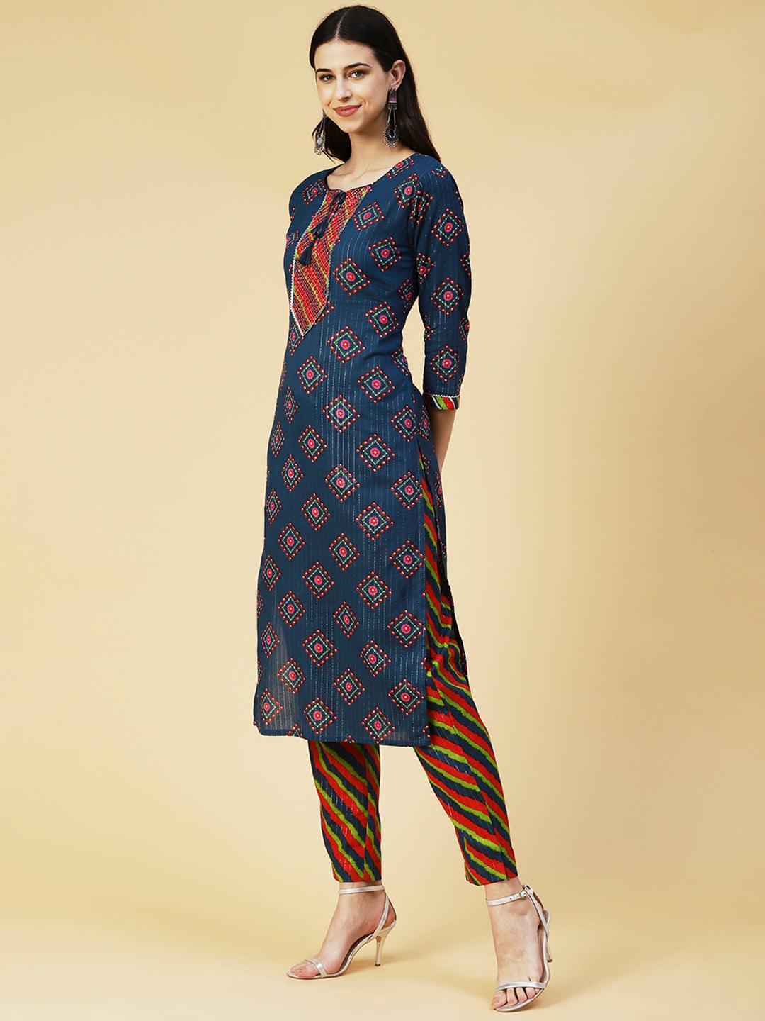 Bandhani Printed Mirror Embroidered Kurta With Lehriya Pants - Blue - Indiakreations