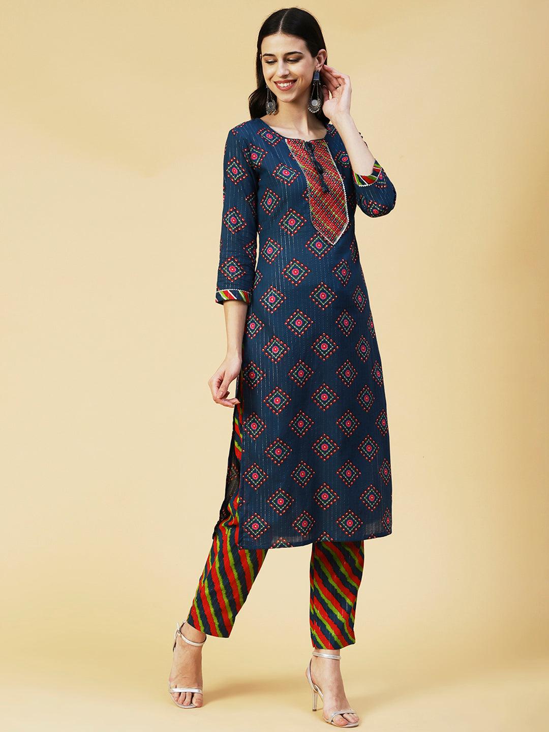 Bandhani Printed Mirror Embroidered Kurta With Lehriya Pants - Blue - Indiakreations