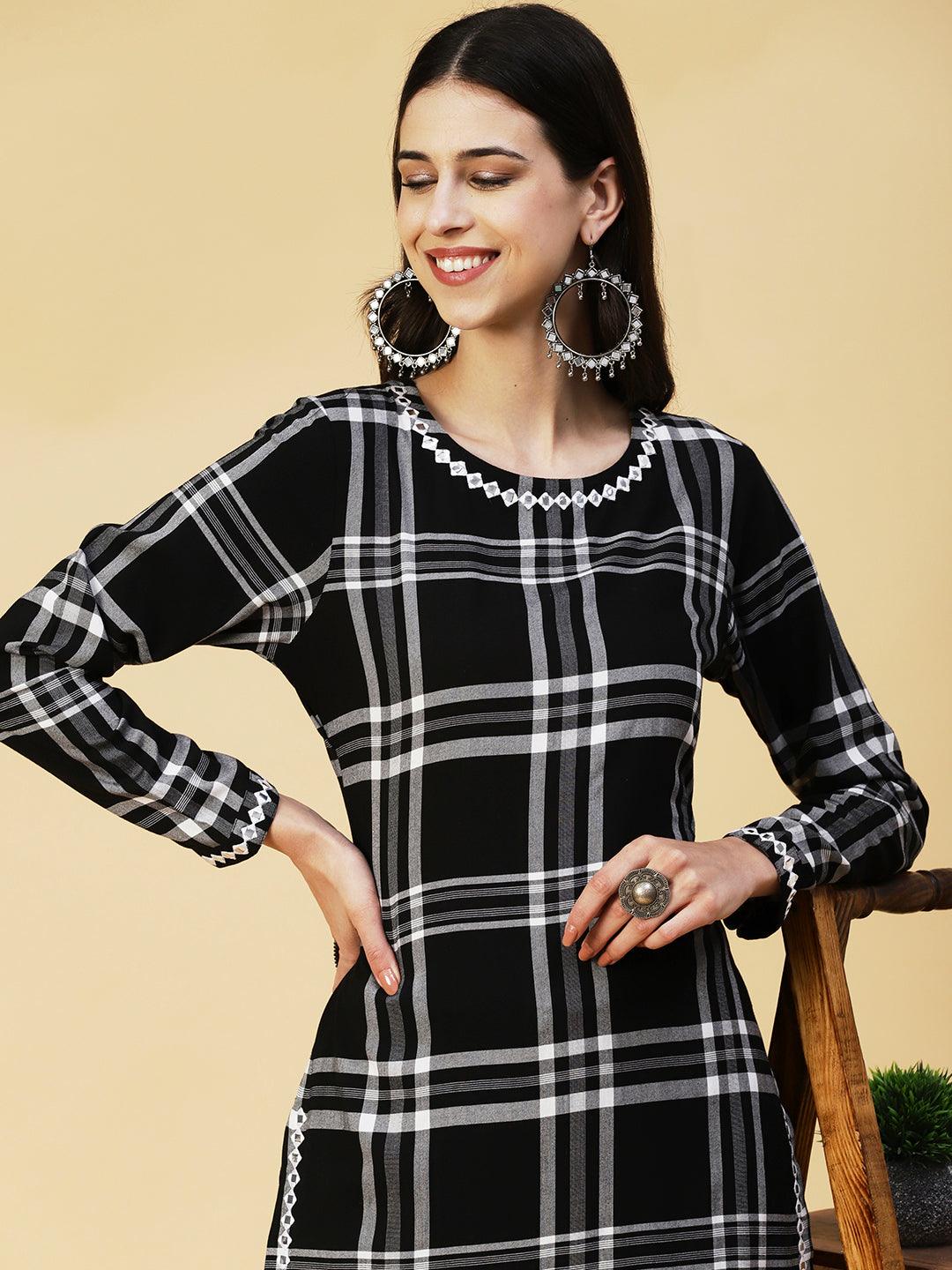 Checks Pattern & Mirror Embroidered Co-ord Set - Black - Indiakreations