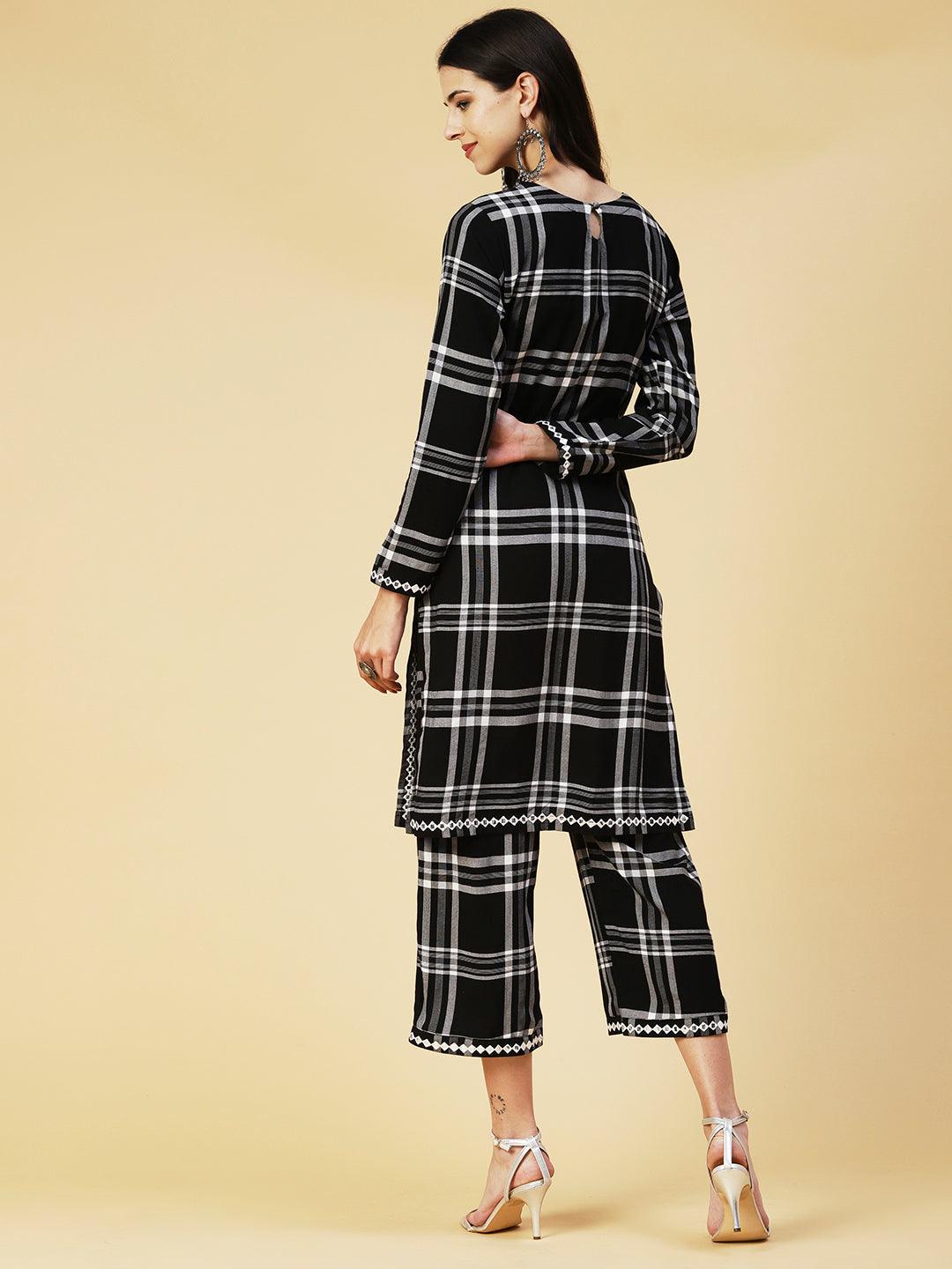 Checks Pattern & Mirror Embroidered Co-ord Set - Black - Indiakreations