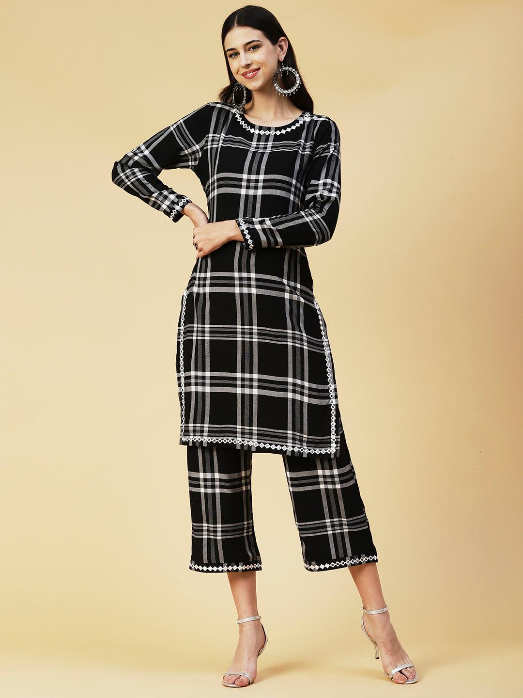 Checks Pattern & Mirror Embroidered Co-ord Set - Black - Indiakreations