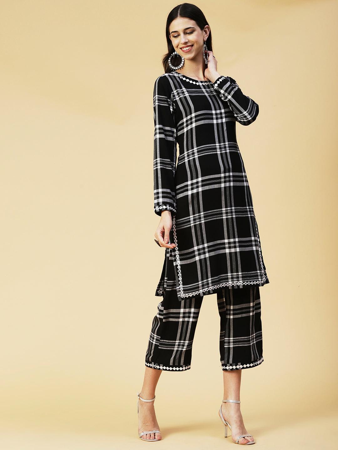 Checks Pattern & Mirror Embroidered Co-ord Set - Black - Indiakreations