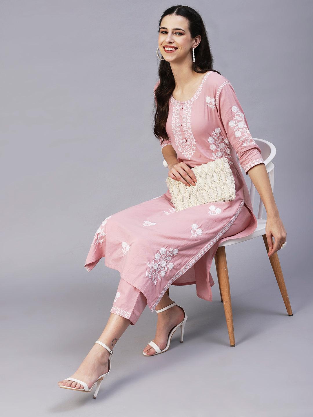 Solid Resham Floral Embroidered kurta With Pants - Rose Pink - Indiakreations