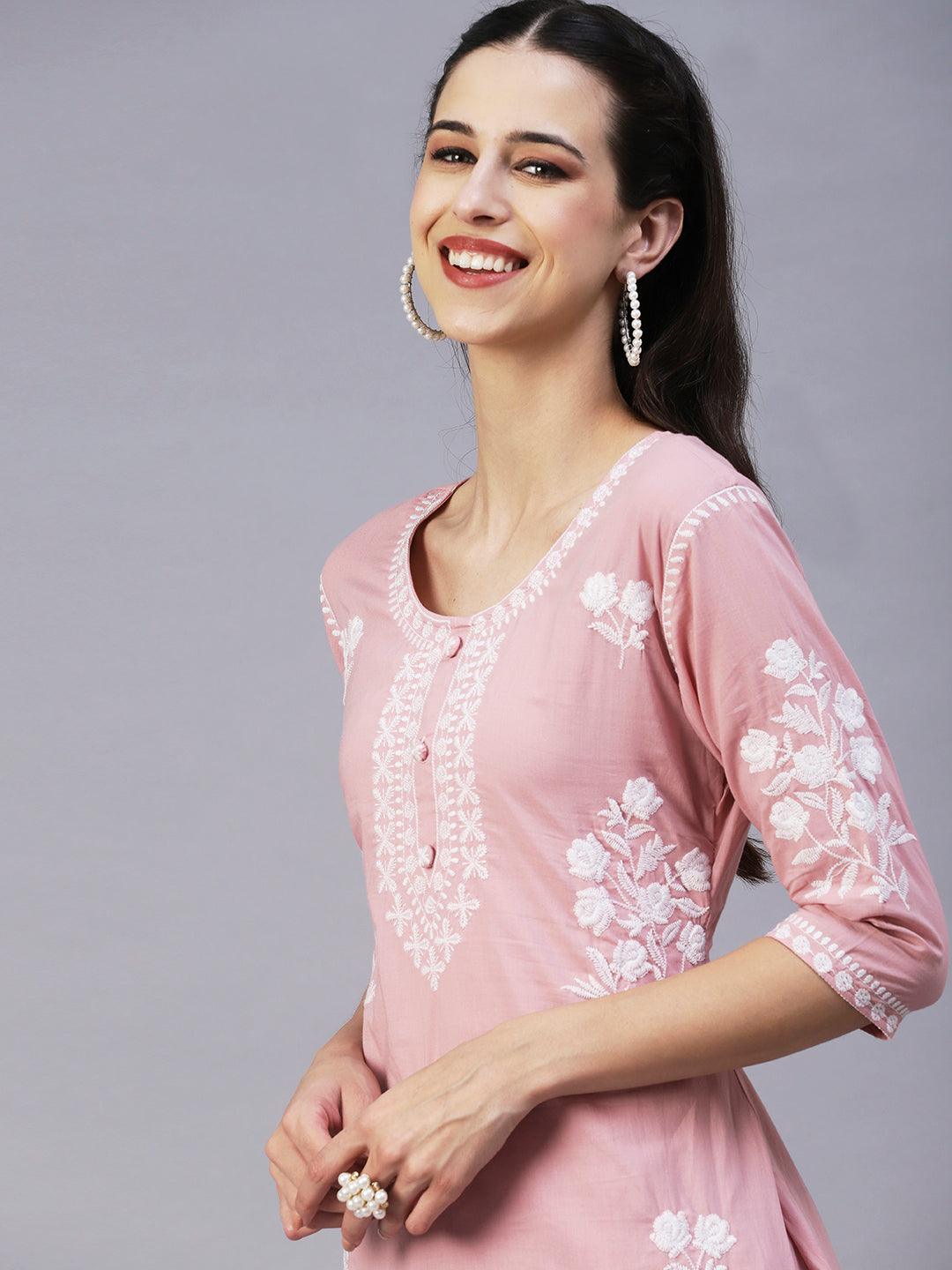 Solid Resham Floral Embroidered kurta With Pants - Rose Pink - Indiakreations