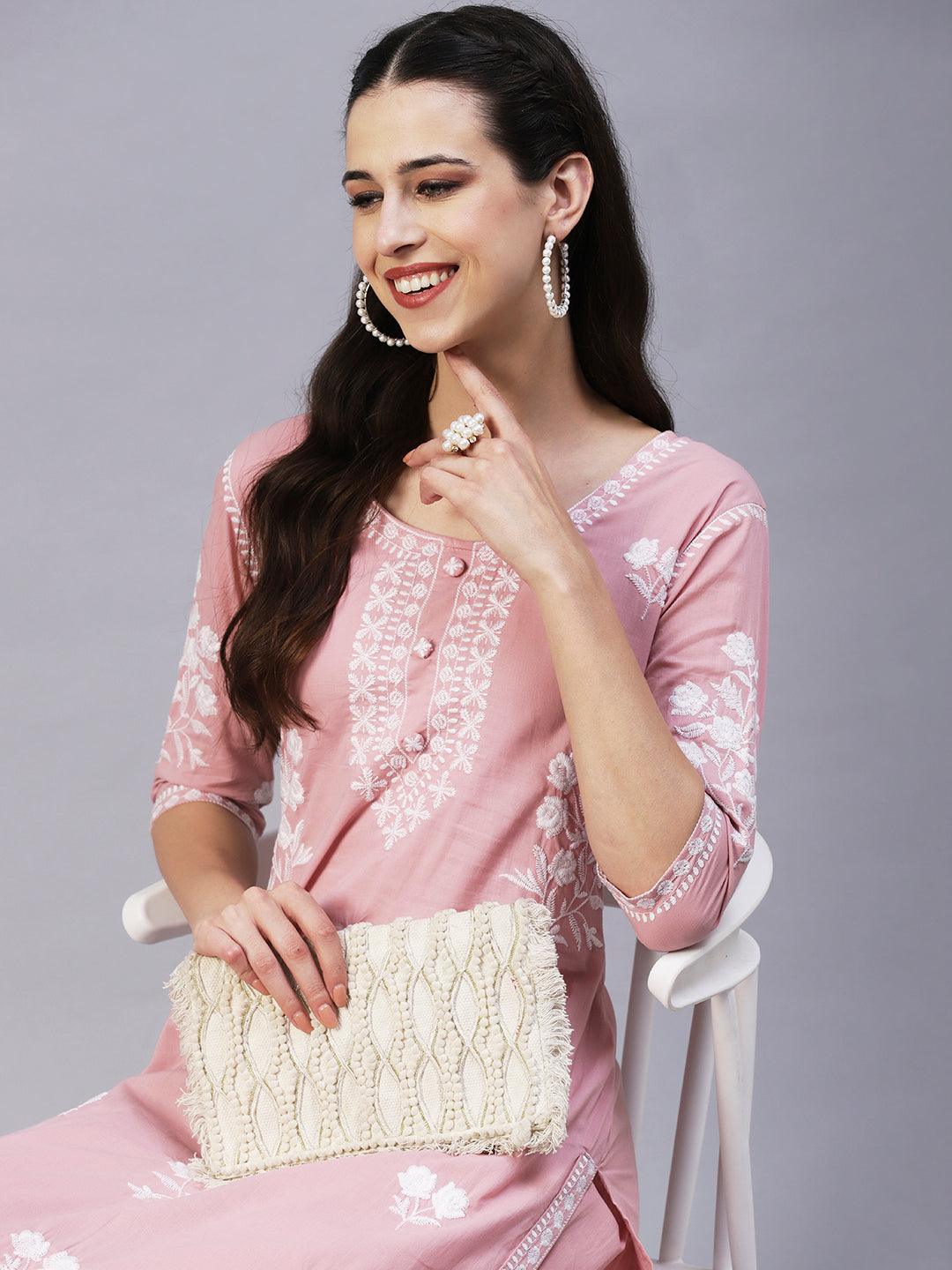 Solid Resham Floral Embroidered kurta With Pants - Rose Pink - Indiakreations