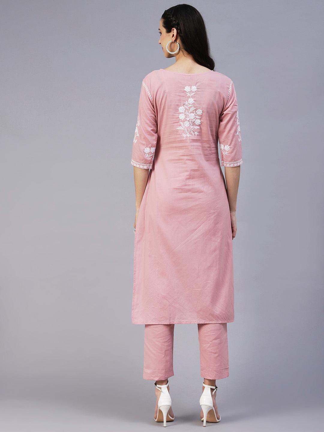 Solid Resham Floral Embroidered kurta With Pants - Rose Pink - Indiakreations