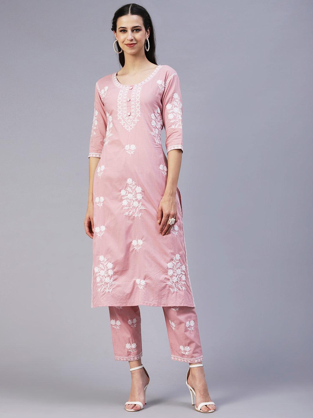 Solid Resham Floral Embroidered kurta With Pants - Rose Pink - Indiakreations