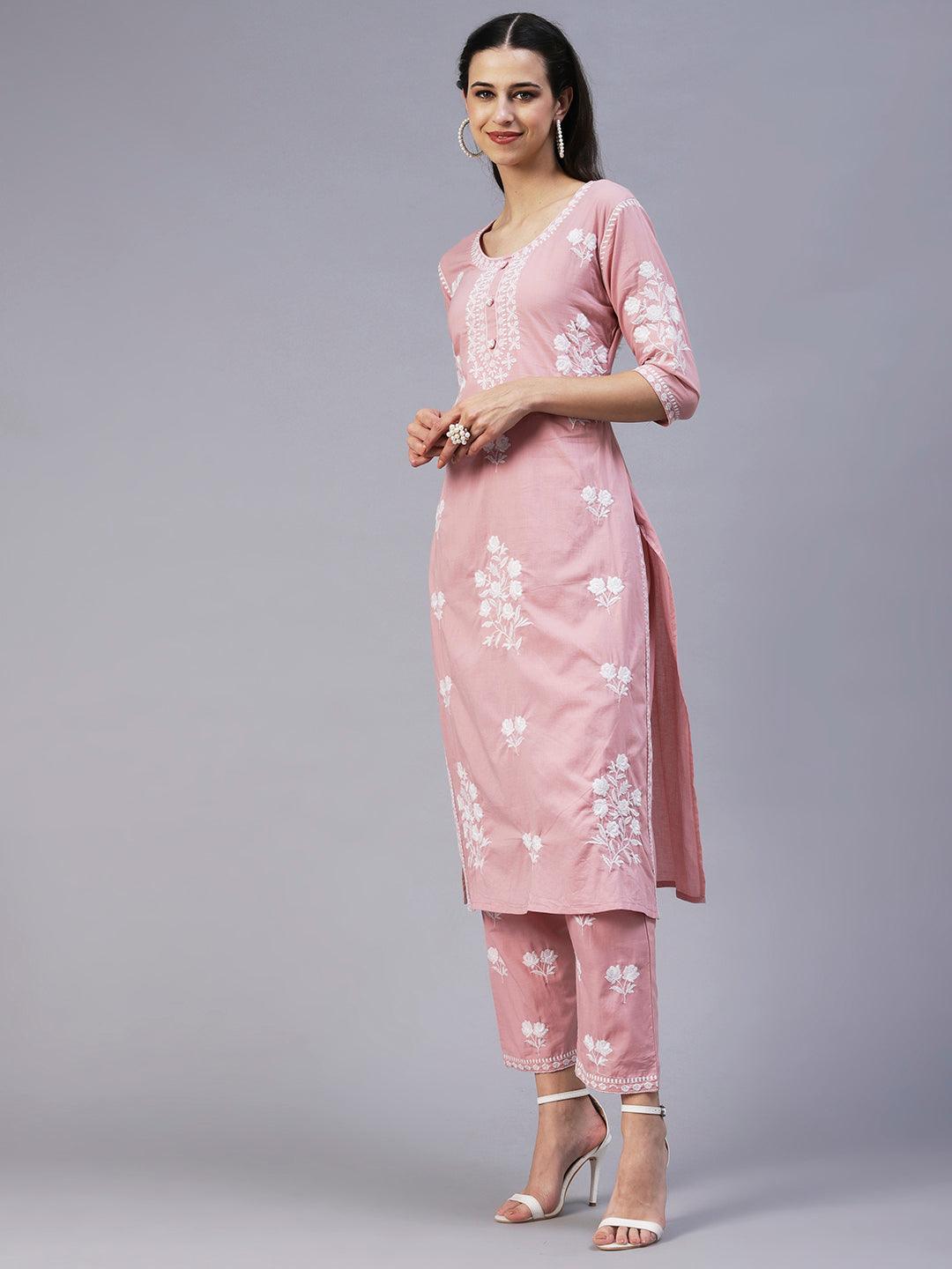 Solid Resham Floral Embroidered kurta With Pants - Rose Pink - Indiakreations