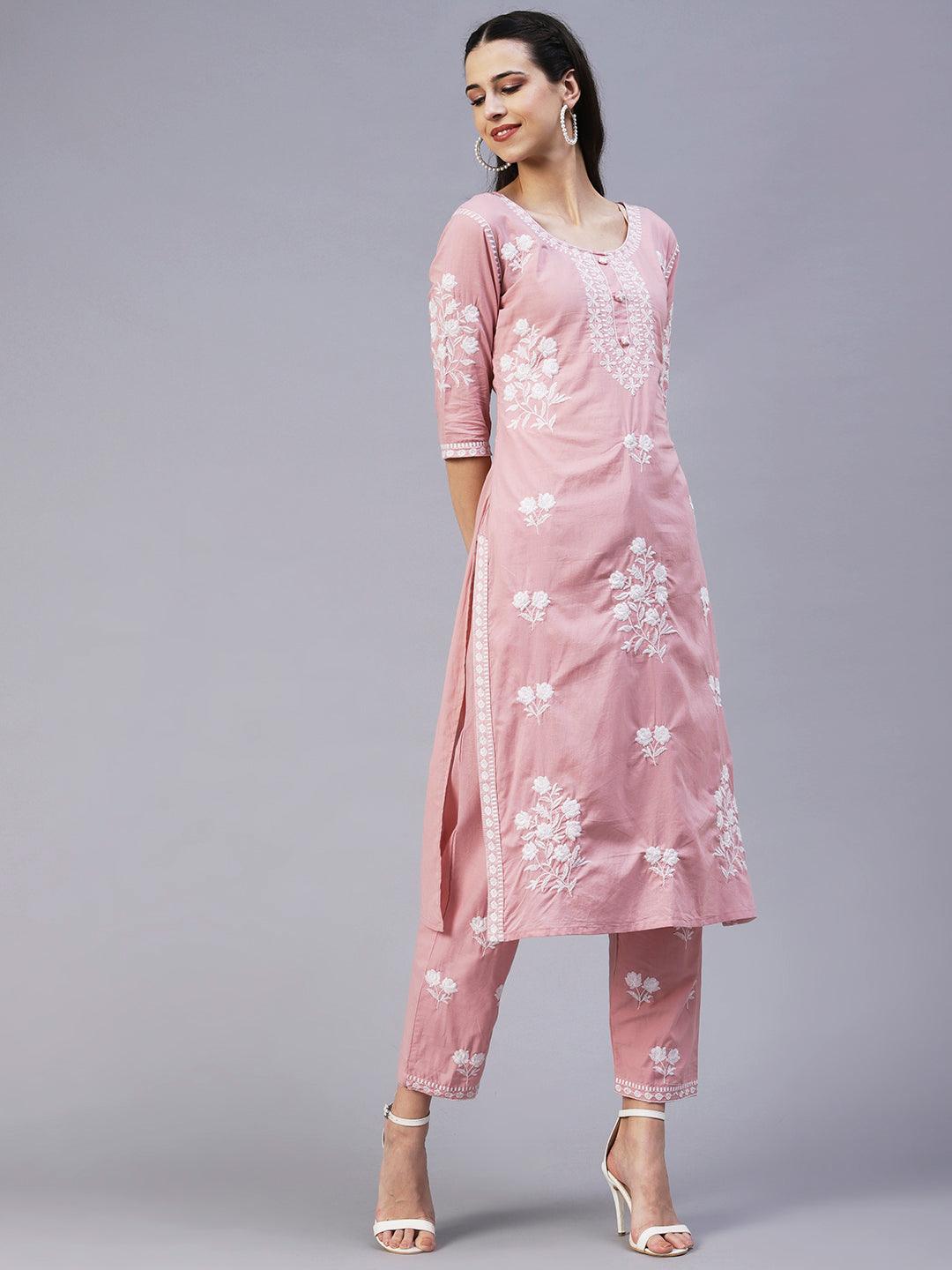 Solid Resham Floral Embroidered kurta With Pants - Rose Pink - Indiakreations