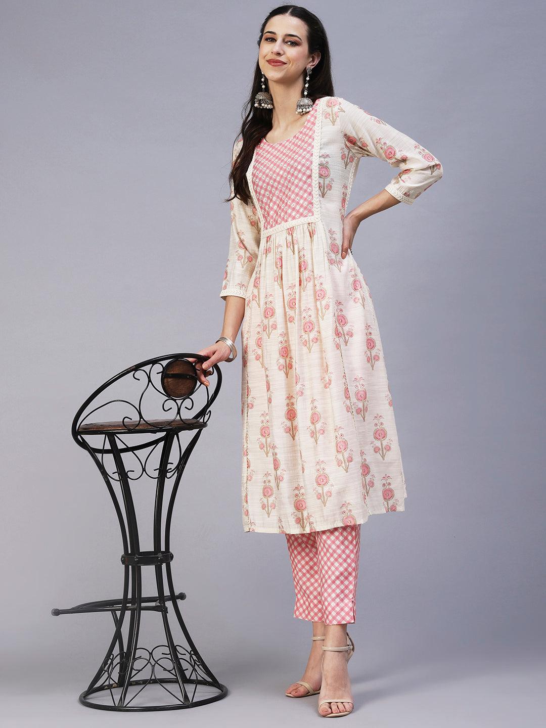 Floral Printed Sequins & Beads Embroidered Kurta With Pants - Off-White - Indiakreations