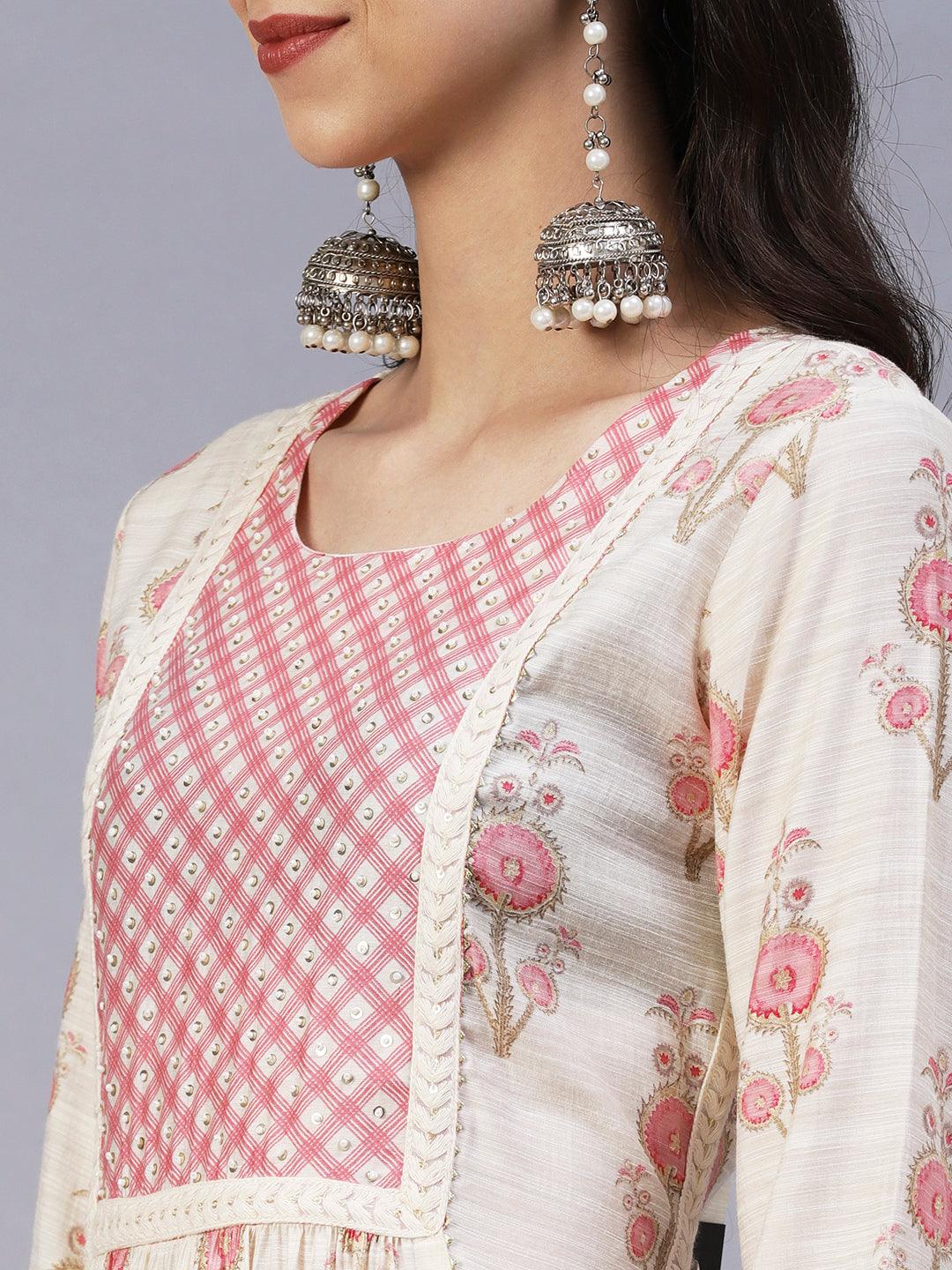 Floral Printed Sequins & Beads Embroidered Kurta With Pants - Off-White - Indiakreations