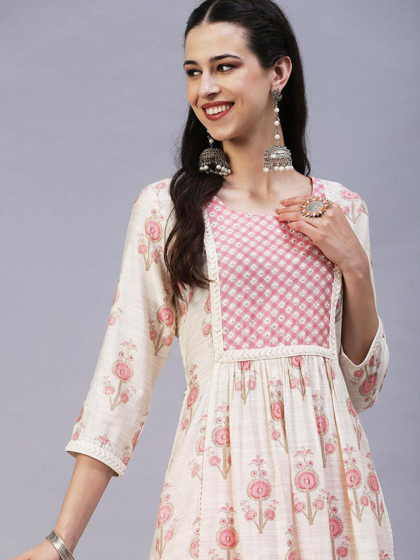 Floral Printed Sequins & Beads Embroidered Kurta With Pants - Off-White - Indiakreations