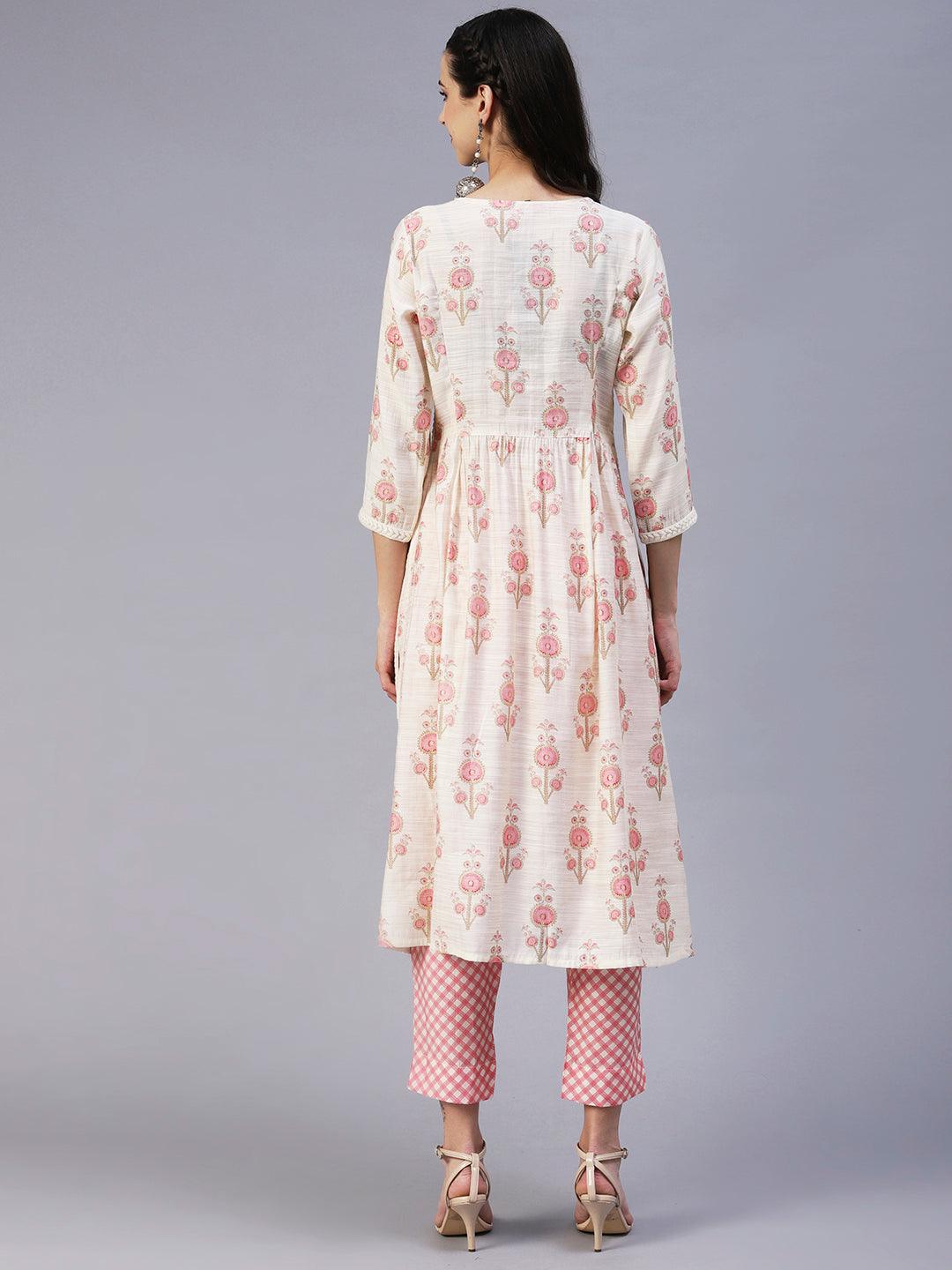 Floral Printed Sequins & Beads Embroidered Kurta With Pants - Off-White - Indiakreations