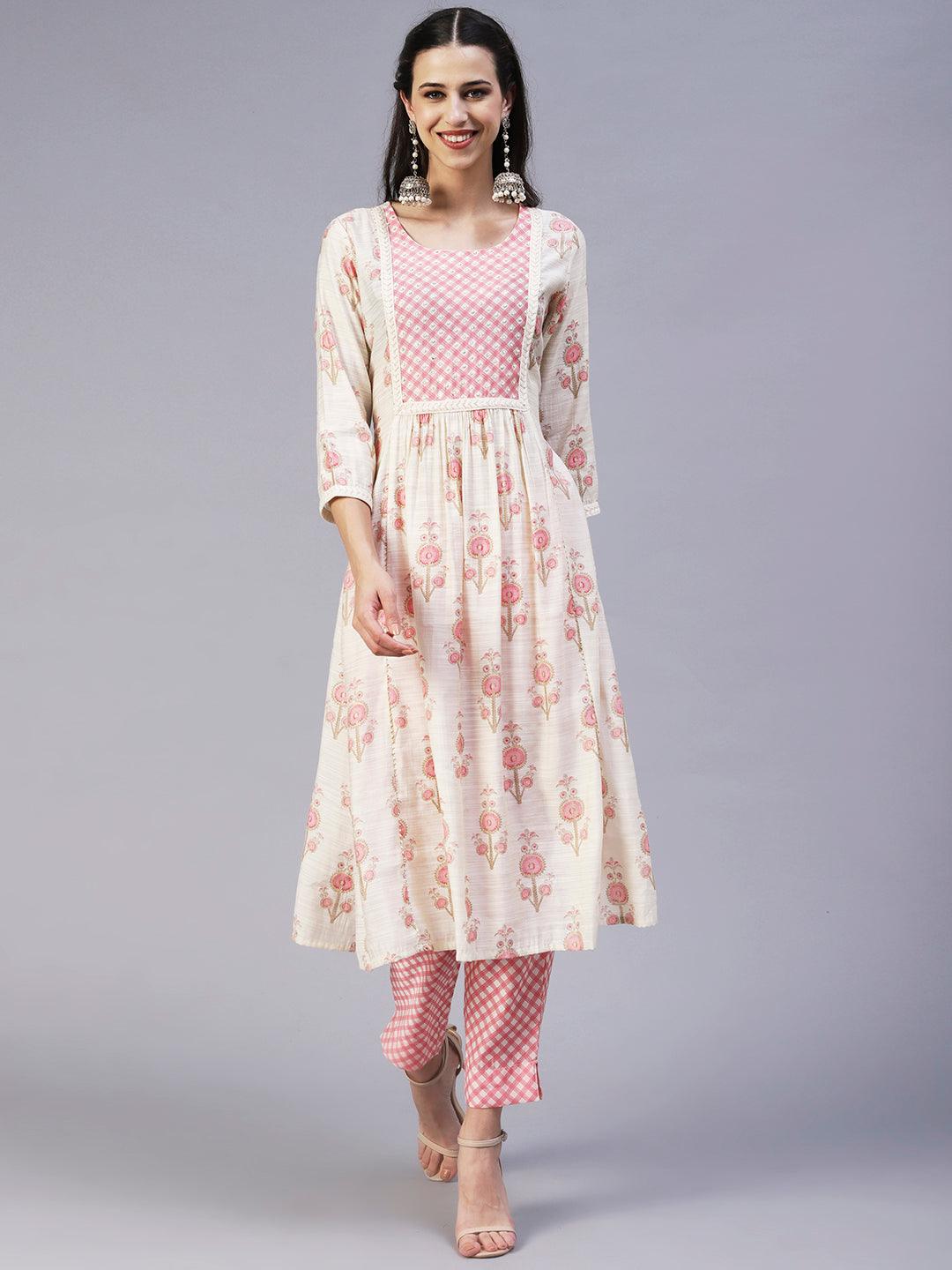 Floral Printed Sequins & Beads Embroidered Kurta With Pants - Off-White - Indiakreations