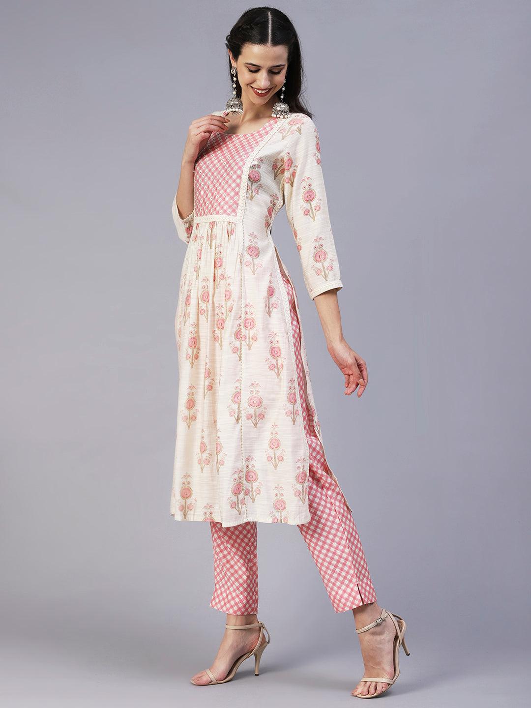 Floral Printed Sequins & Beads Embroidered Kurta With Pants - Off-White - Indiakreations