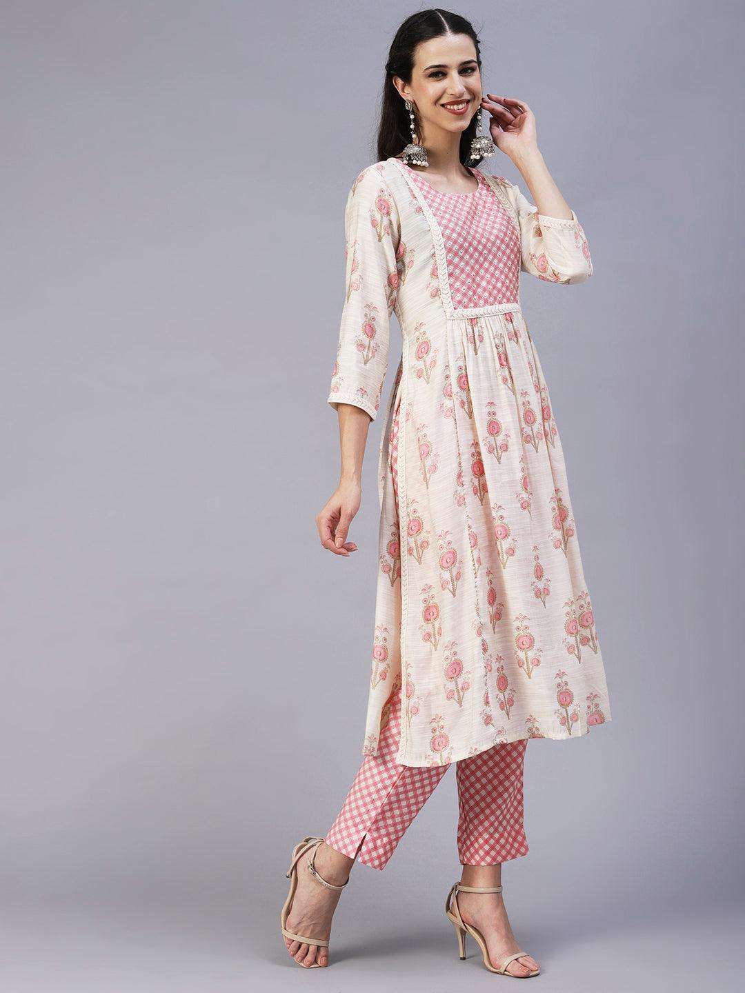 Floral Printed Sequins & Beads Embroidered Kurta With Pants - Off-White - Indiakreations