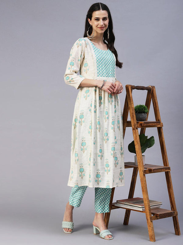 Floral Printed Sequins & Beads Embroidered Kurta With Pants - Off-White - Indiakreations