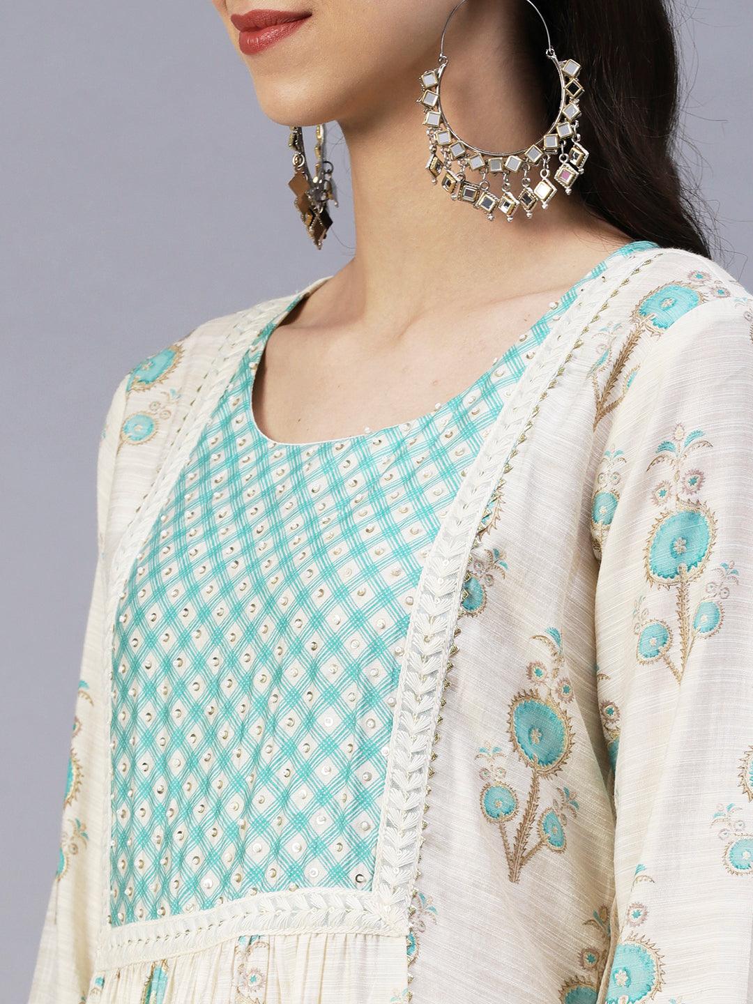 Floral Printed Sequins & Beads Embroidered Kurta With Pants - Off-White - Indiakreations