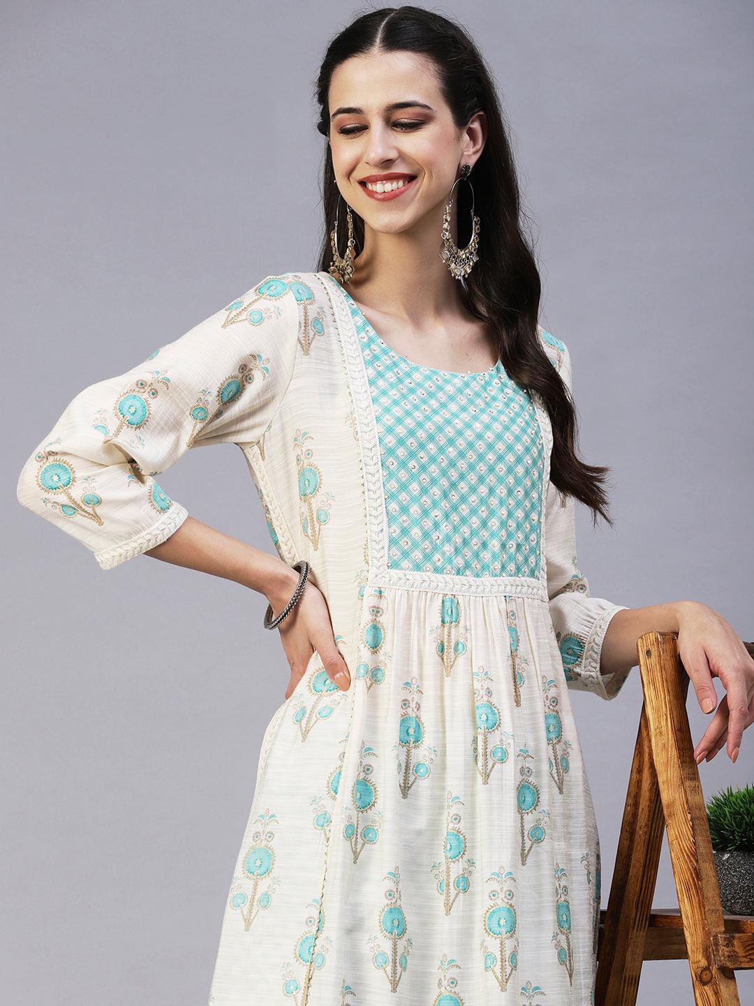 Floral Printed Sequins & Beads Embroidered Kurta With Pants - Off-White - Indiakreations