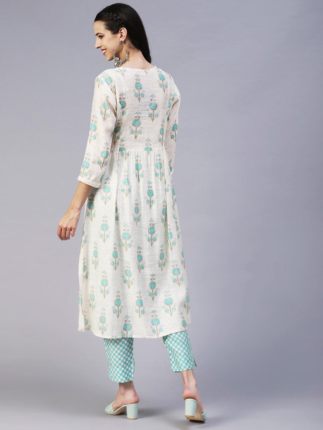 Floral Printed Sequins & Beads Embroidered Kurta With Pants - Off-White - Indiakreations