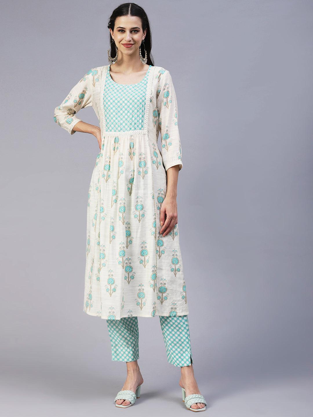 Floral Printed Sequins & Beads Embroidered Kurta With Pants - Off-White - Indiakreations