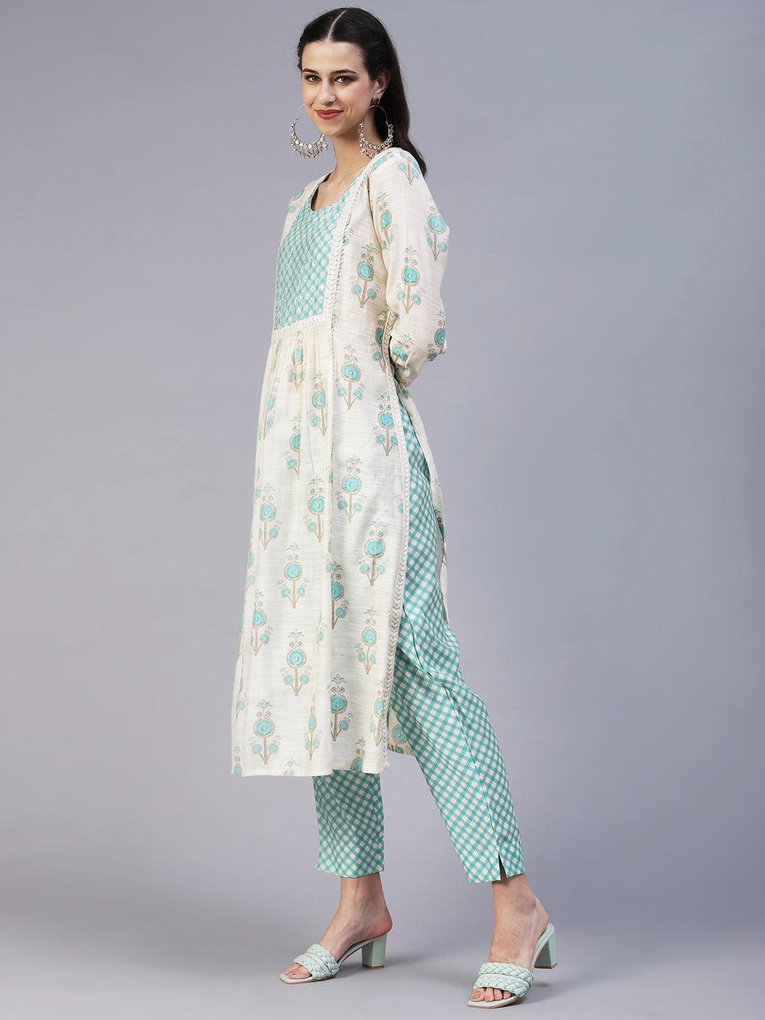 Floral Printed Sequins & Beads Embroidered Kurta With Pants - Off-White - Indiakreations