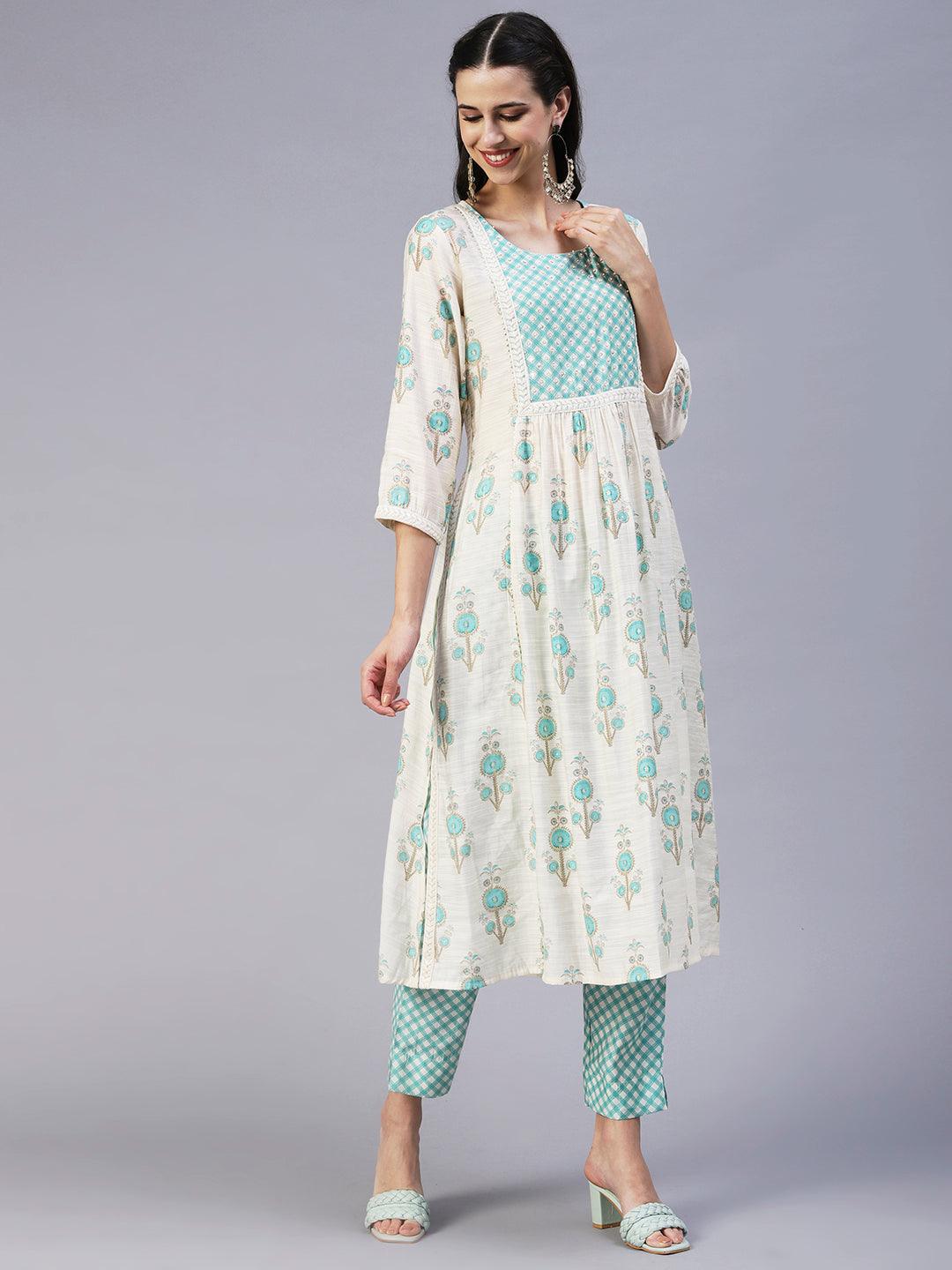 Floral Printed Sequins & Beads Embroidered Kurta With Pants - Off-White - Indiakreations