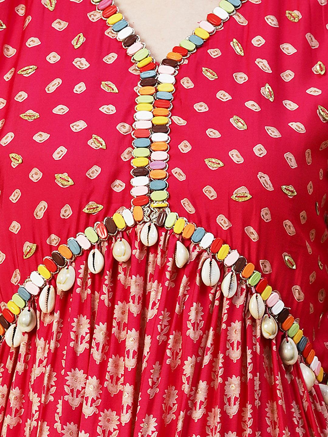 Floral & Bandhani Printed Embroidered A-Line Kurta with Pant - Fuchsia - Indiakreations