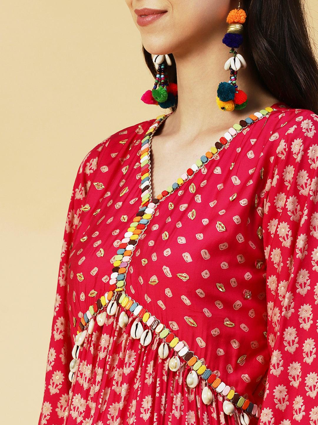 Floral & Bandhani Printed Embroidered A-Line Kurta with Pant - Fuchsia - Indiakreations