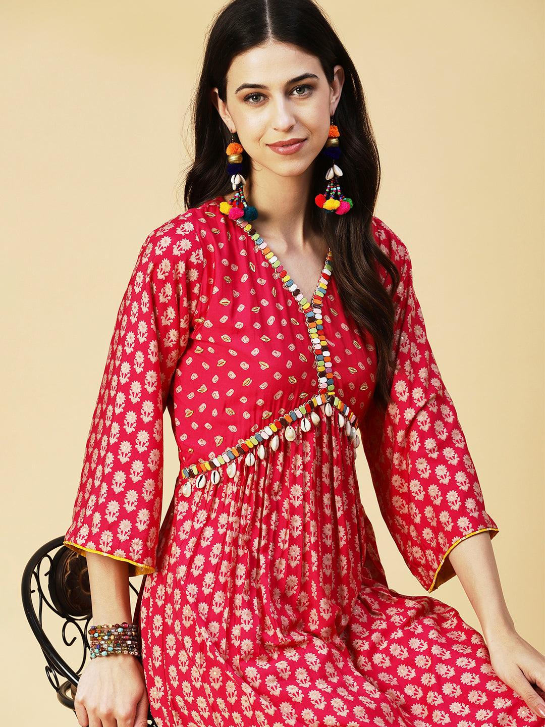 Floral & Bandhani Printed Embroidered A-Line Kurta with Pant - Fuchsia - Indiakreations