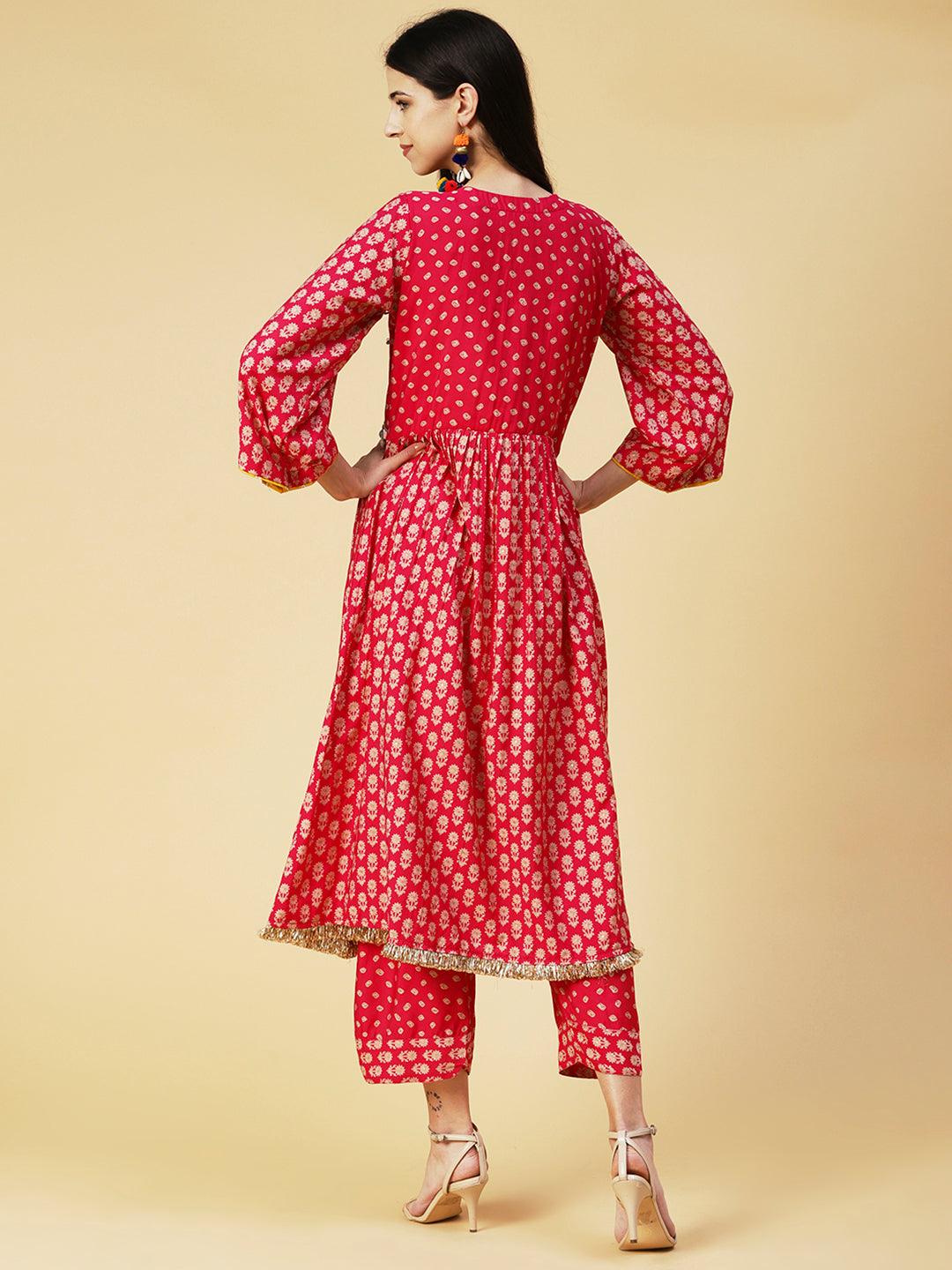 Floral & Bandhani Printed Embroidered A-Line Kurta with Pant - Fuchsia - Indiakreations