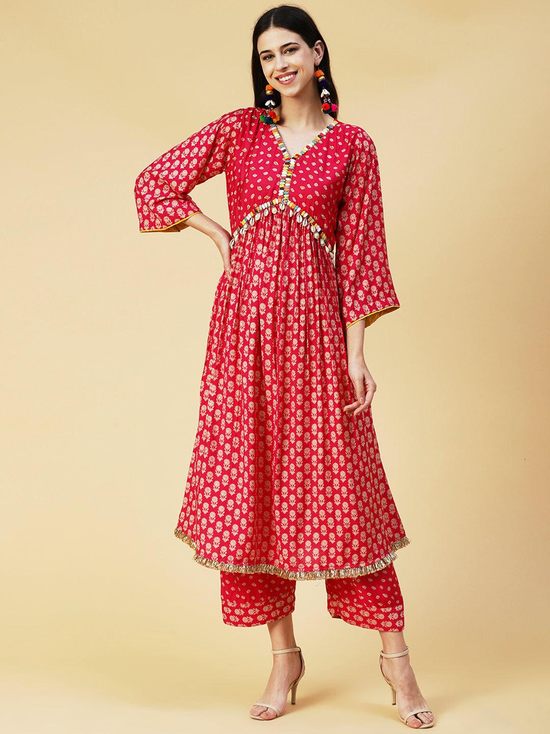 Floral & Bandhani Printed Embroidered A-Line Kurta with Pant - Fuchsia - Indiakreations