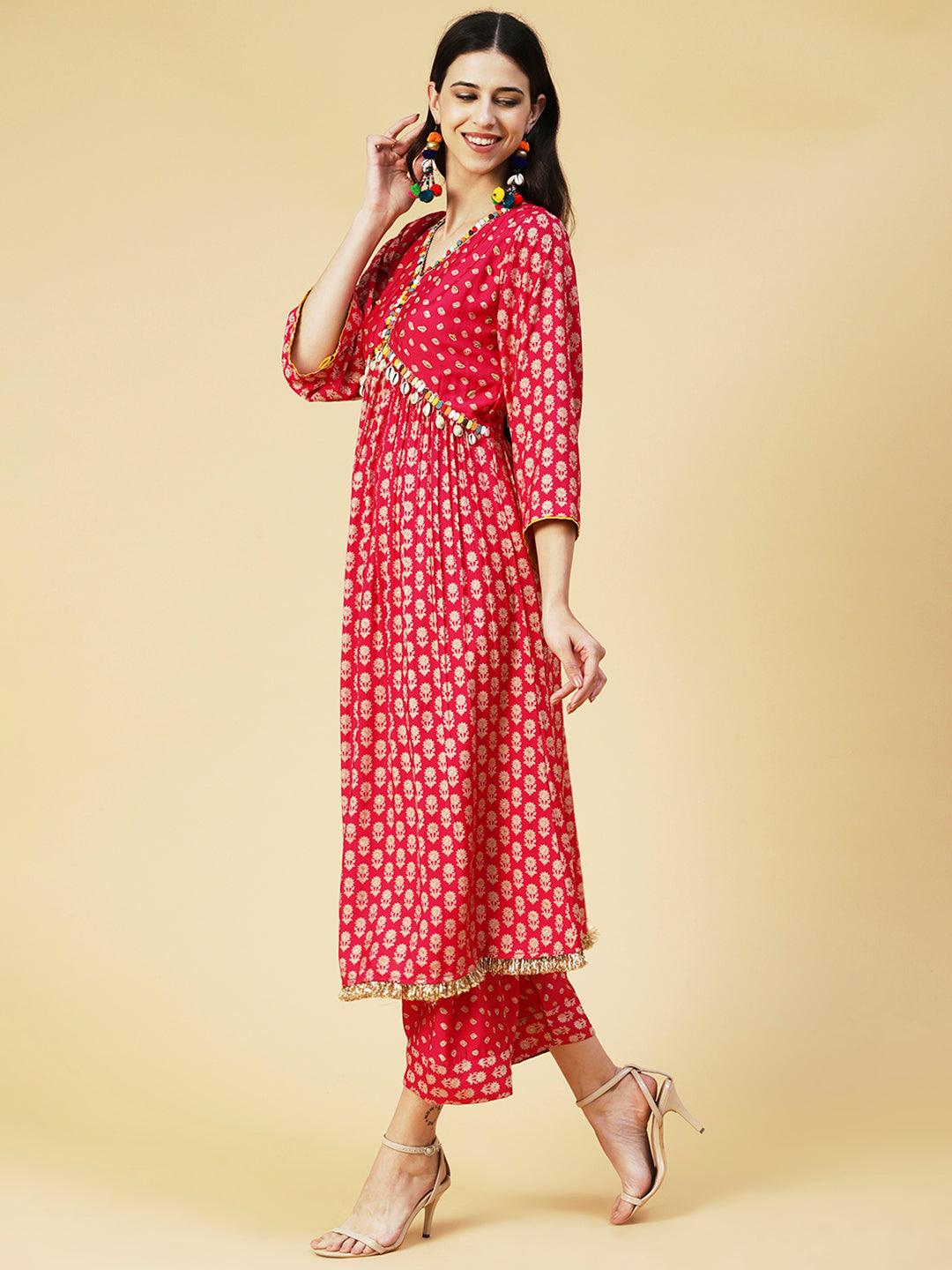 Floral & Bandhani Printed Embroidered A-Line Kurta with Pant - Fuchsia - Indiakreations