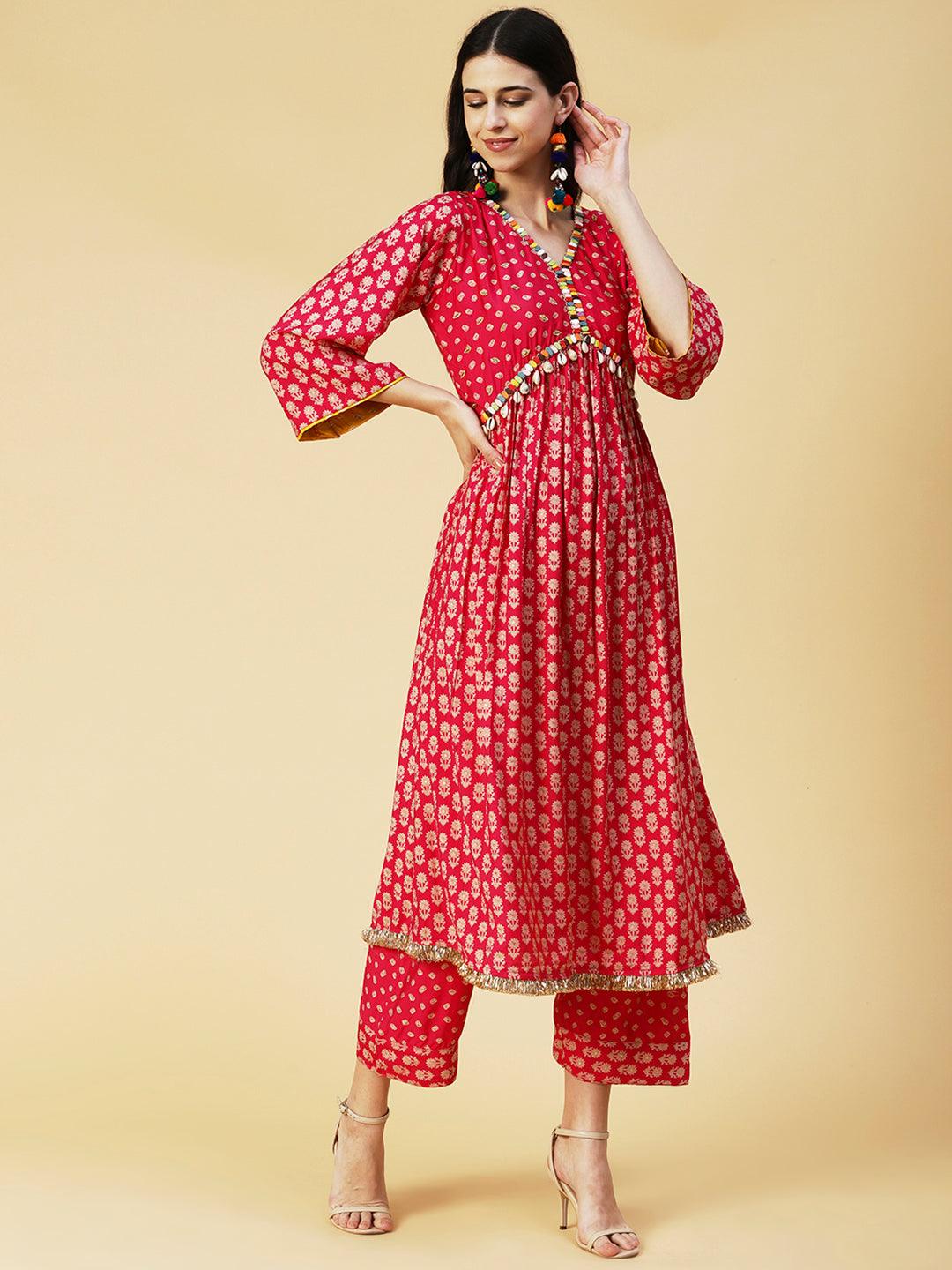 Floral & Bandhani Printed Embroidered A-Line Kurta with Pant - Fuchsia - Indiakreations