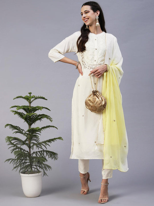 Solid Zardozi Embroidered Kurta With Pants & Dupatta - White - Indiakreations