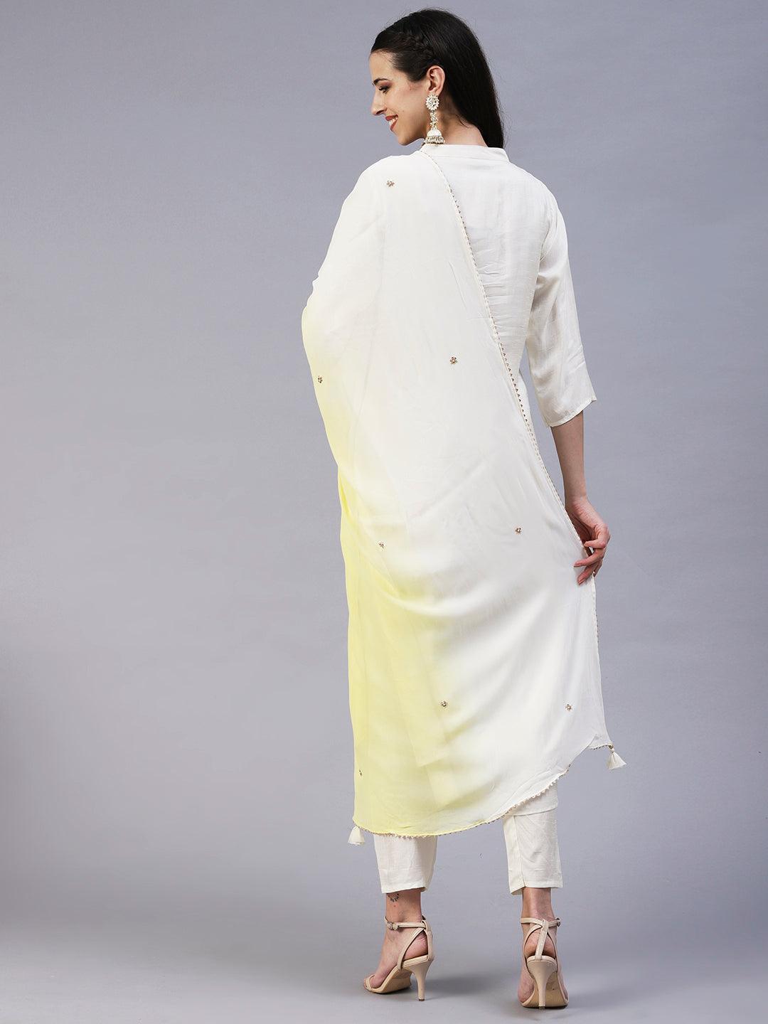 Solid Zardozi Embroidered Kurta With Pants & Dupatta - White - Indiakreations