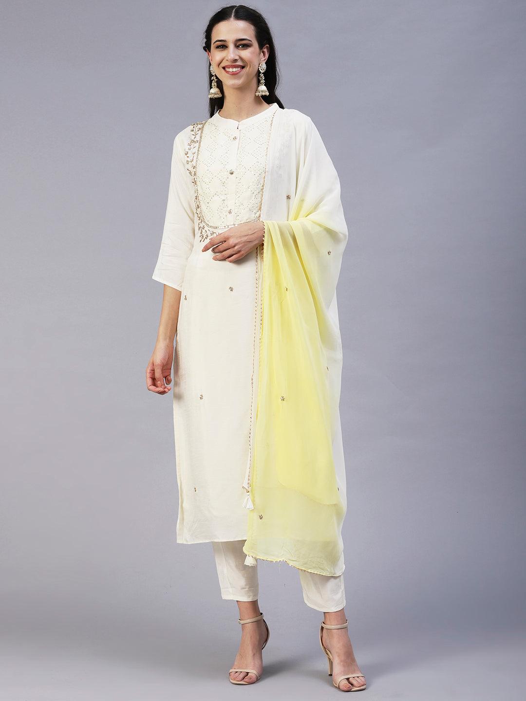 Solid Zardozi Embroidered Kurta With Pants & Dupatta - White - Indiakreations