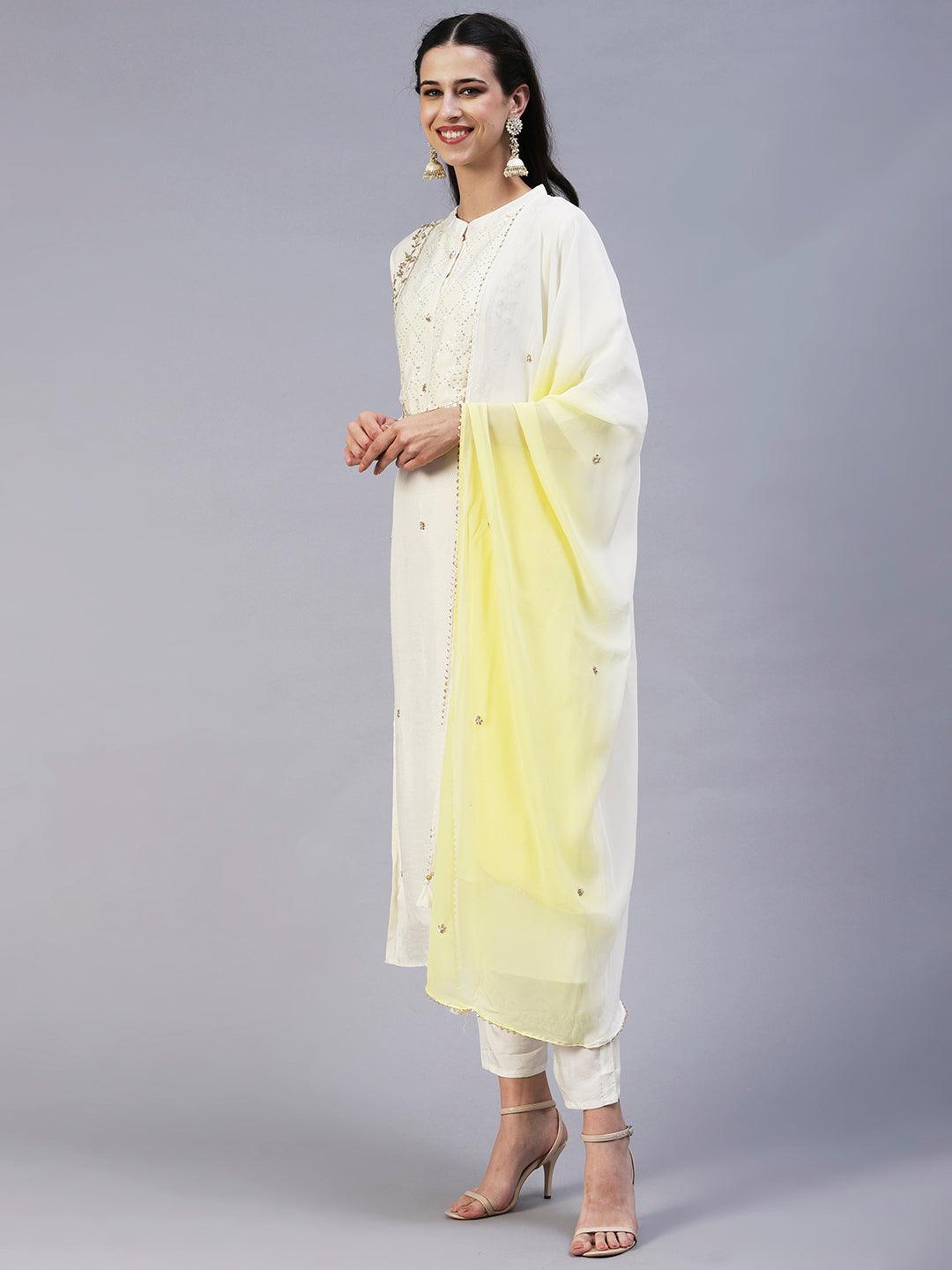 Solid Zardozi Embroidered Kurta With Pants & Dupatta - White - Indiakreations