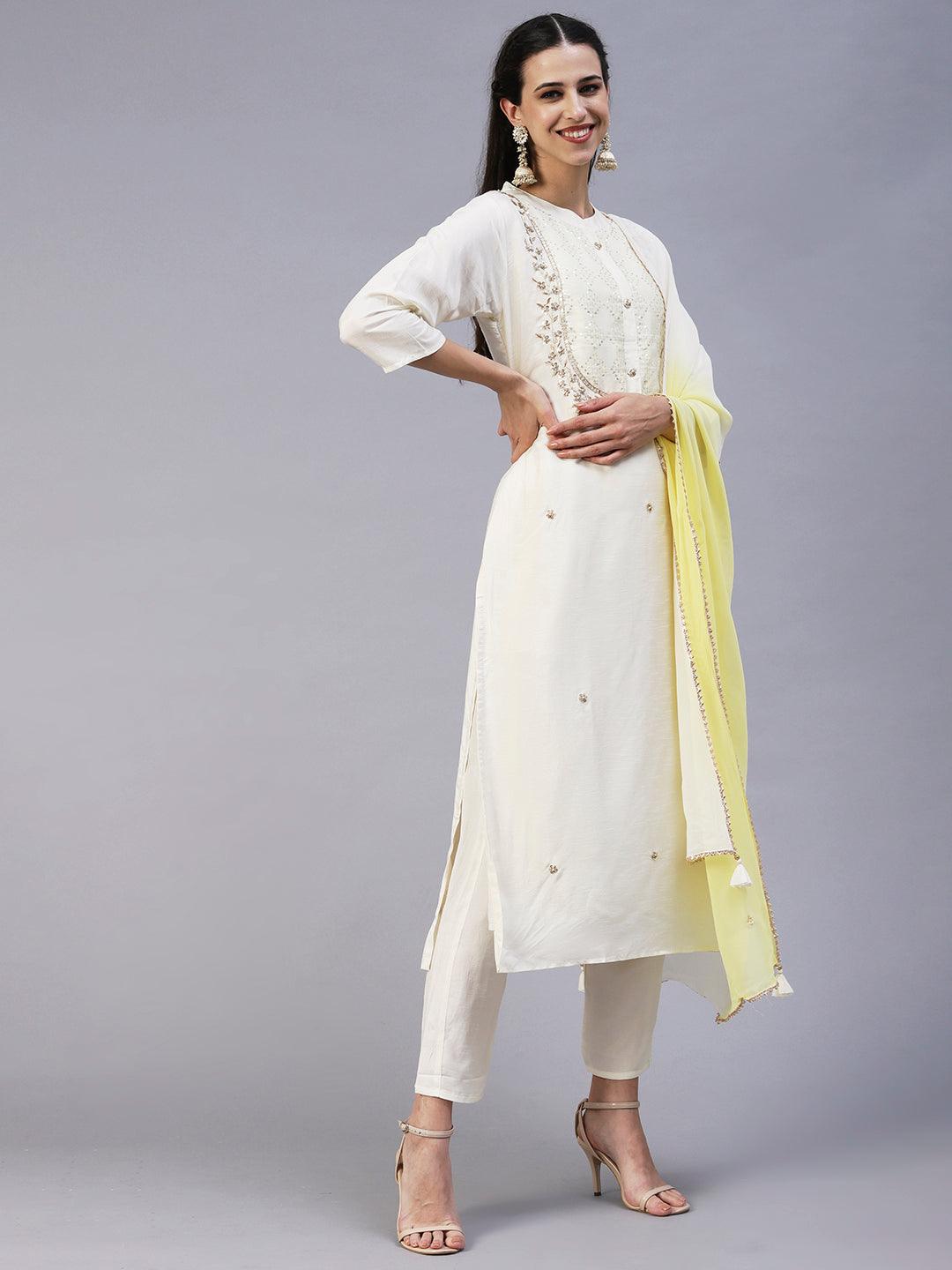 Solid Zardozi Embroidered Kurta With Pants & Dupatta - White - Indiakreations