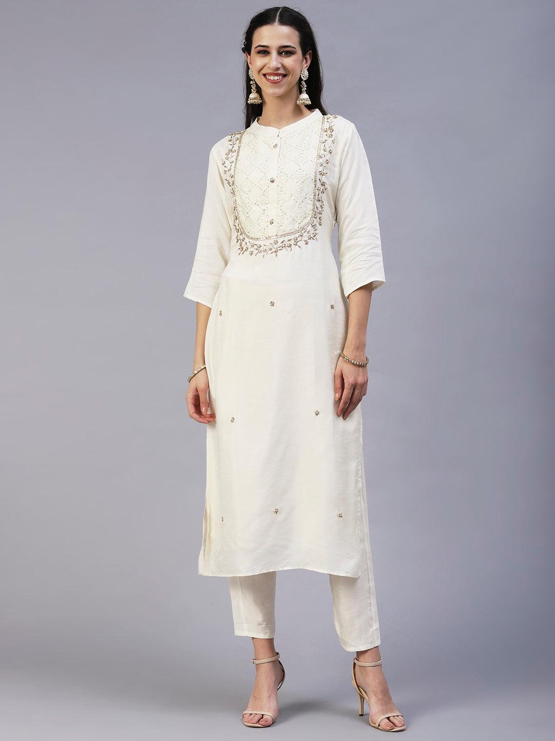 Solid Zardozi Embroidered Kurta With Pants & Dupatta - White - Indiakreations