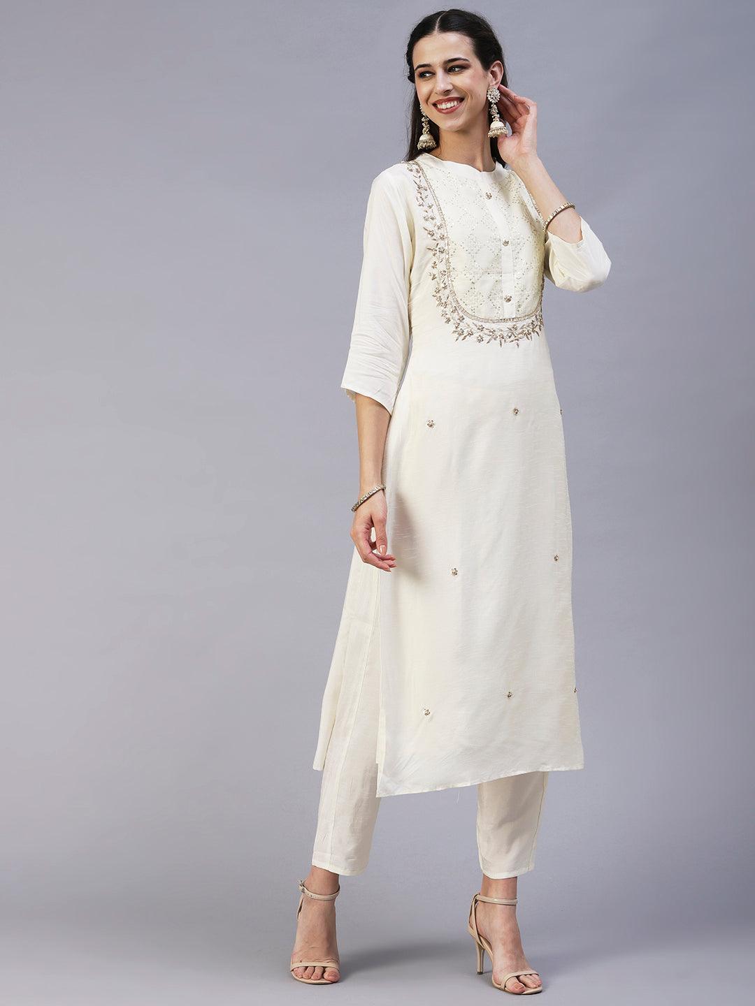 Solid Zardozi Embroidered Kurta With Pants & Dupatta - White - Indiakreations