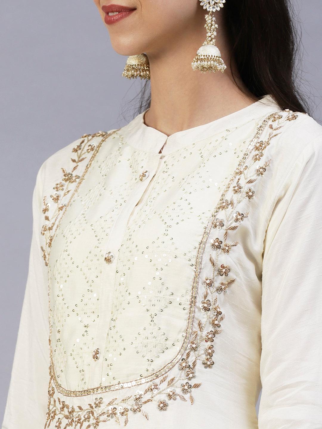 Solid Zardozi Embroidered Kurta With Pants & Dupatta - White - Indiakreations