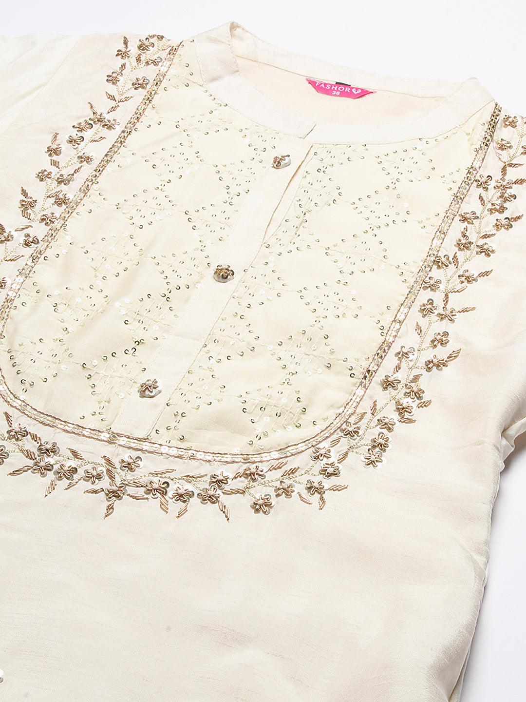 Solid Zardozi Embroidered Kurta With Pants & Dupatta - White - Indiakreations