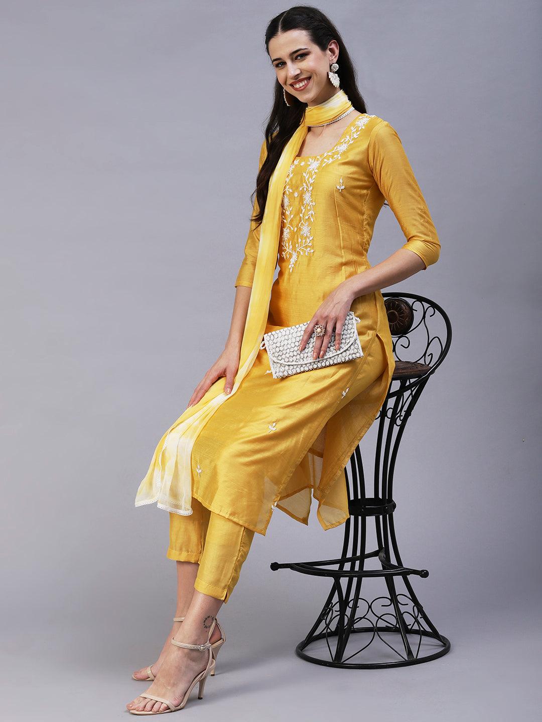 Solid Pearl Embroidered Kurta With Pants & Shibori Dupatta - Yellow - Indiakreations