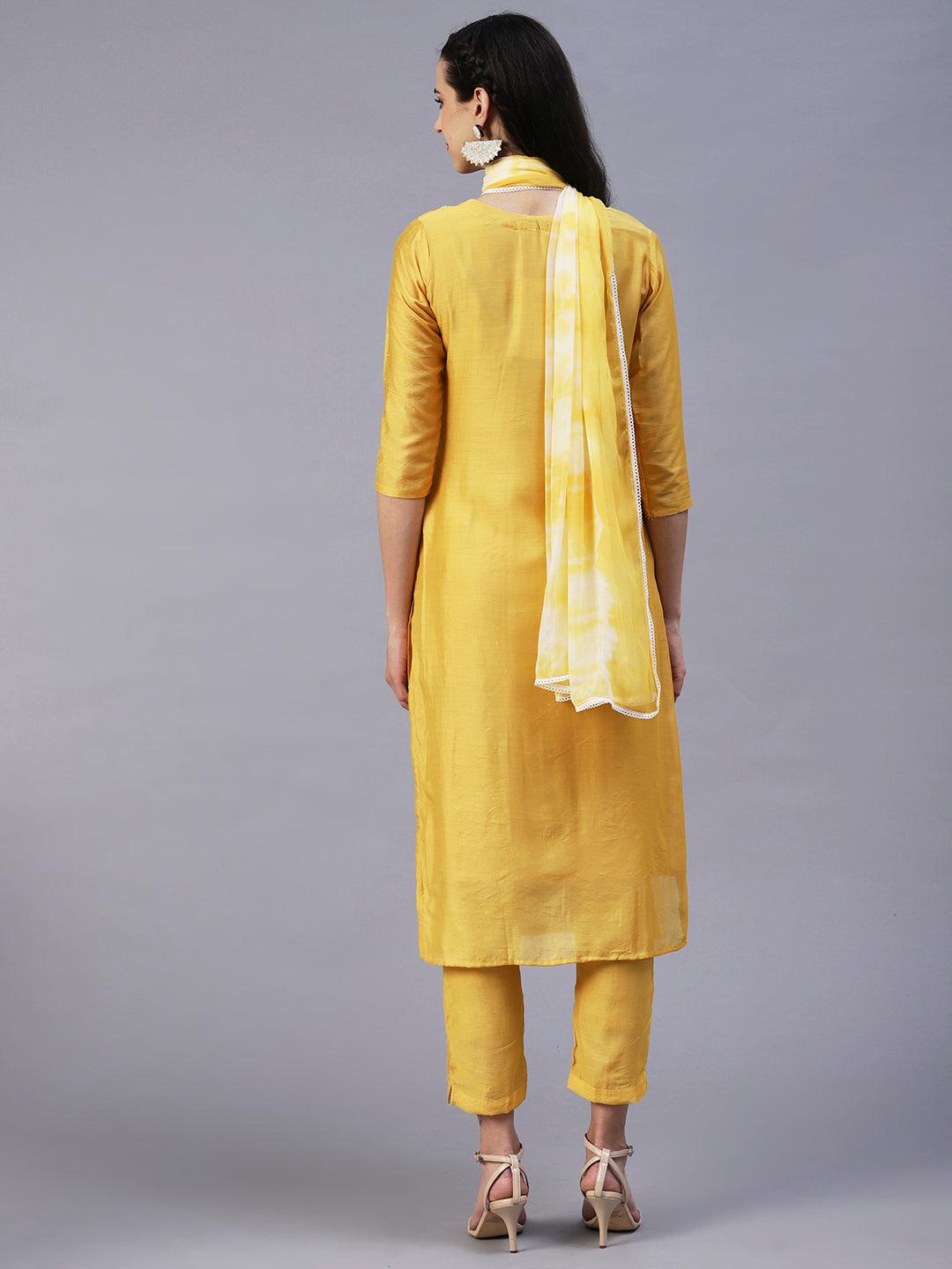 Solid Pearl Embroidered Kurta With Pants & Shibori Dupatta - Yellow - Indiakreations