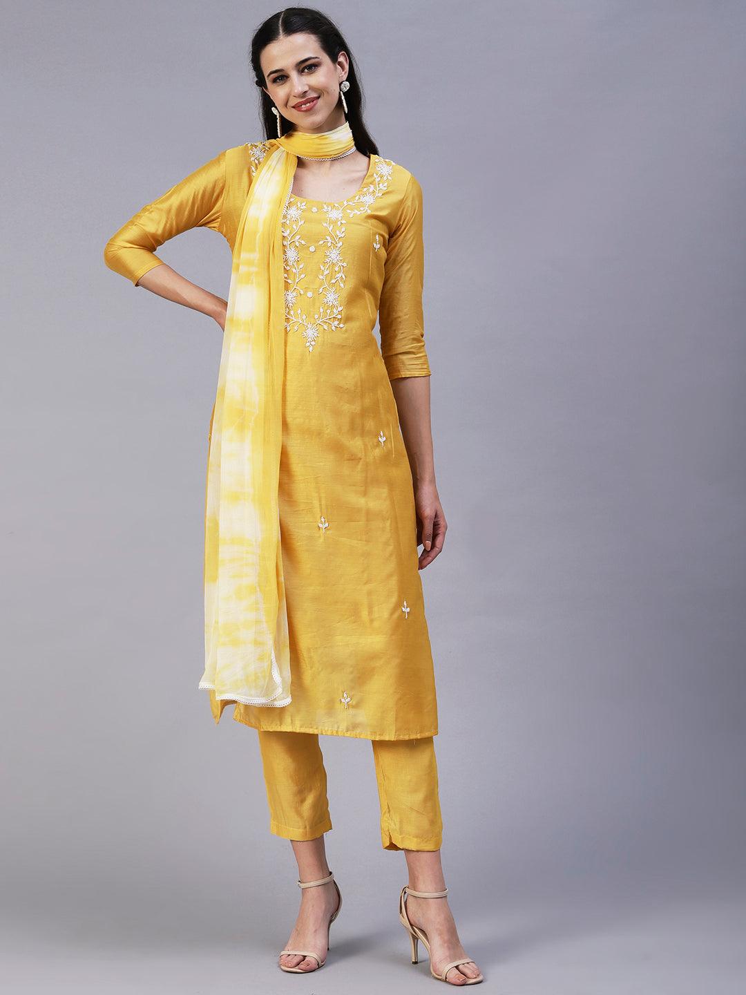 Solid Pearl Embroidered Kurta With Pants & Shibori Dupatta - Yellow - Indiakreations