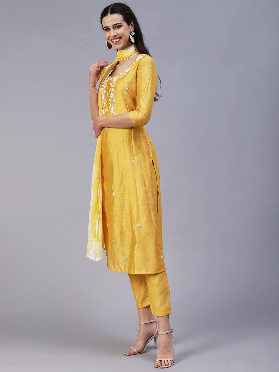 Solid Pearl Embroidered Kurta With Pants & Shibori Dupatta - Yellow - Indiakreations