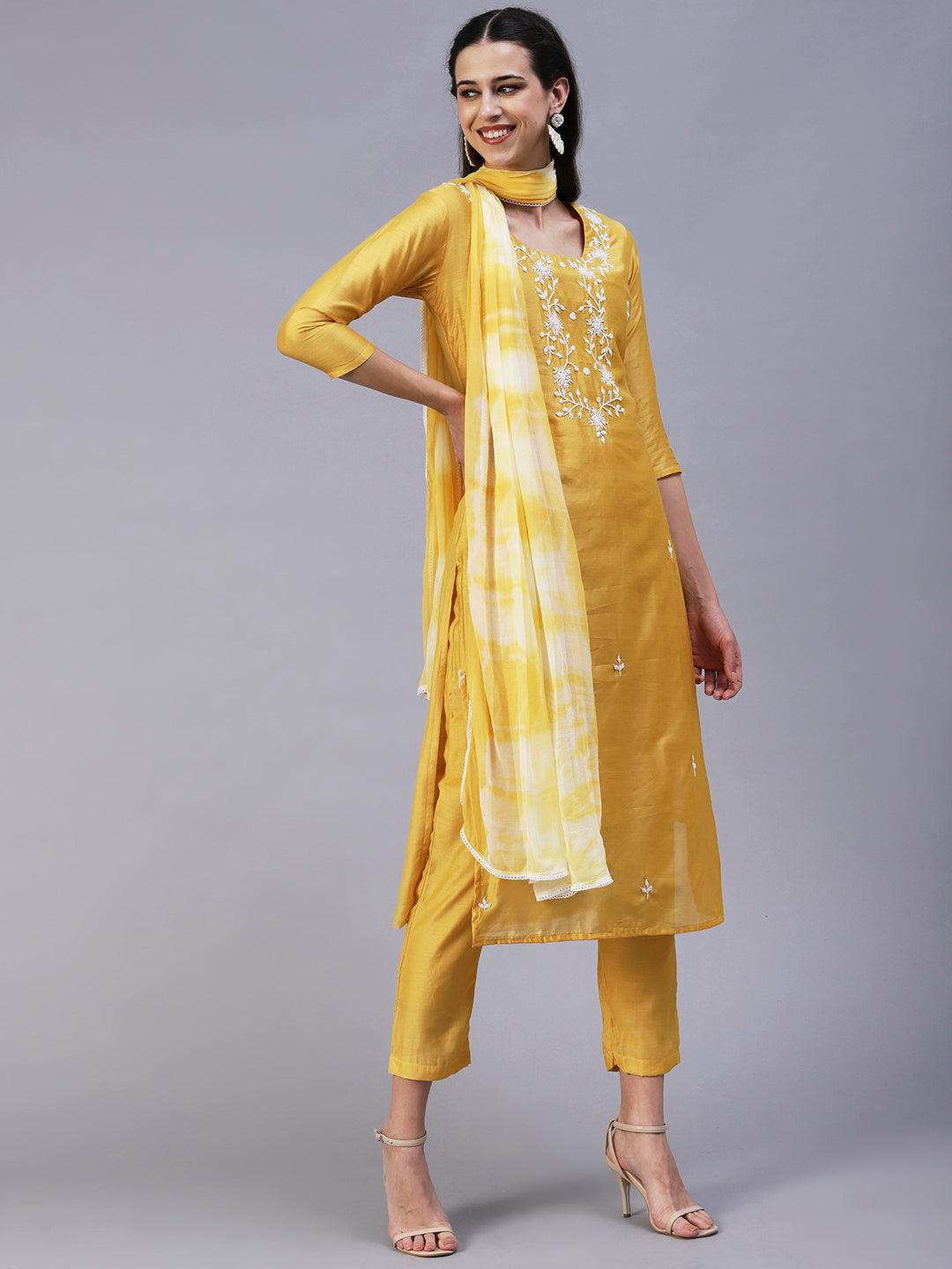 Solid Pearl Embroidered Kurta With Pants & Shibori Dupatta - Yellow - Indiakreations